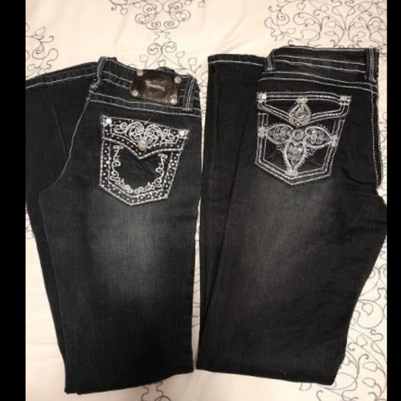 2 Pair ViVi Diva Jeans Womens Low Rise Boot Cut Bling Dark Wash Jeans sz 2 - Picture 1 of 4